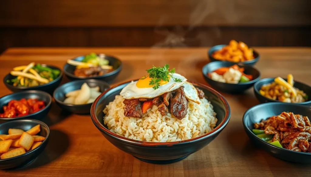 A delectable Korean bibimbap dish takes center stage on a wooden table, surrounded by an array of vibrant side dishes. The rice is perfectly cooked, crowned with a soft-yolked fried egg, sautéed vegetables, and seasoned beef. Warm lighting from overhead casts a cozy, inviting glow, highlighting the dish's enticing colors and textures. The scene is framed by a clean, minimalist background, allowing the bibimbap to shine as the star of the composition. The overall atmosphere evokes a casual, sophisticated dining experience, perfectly capturing the essence of authentic Korean cuisine.