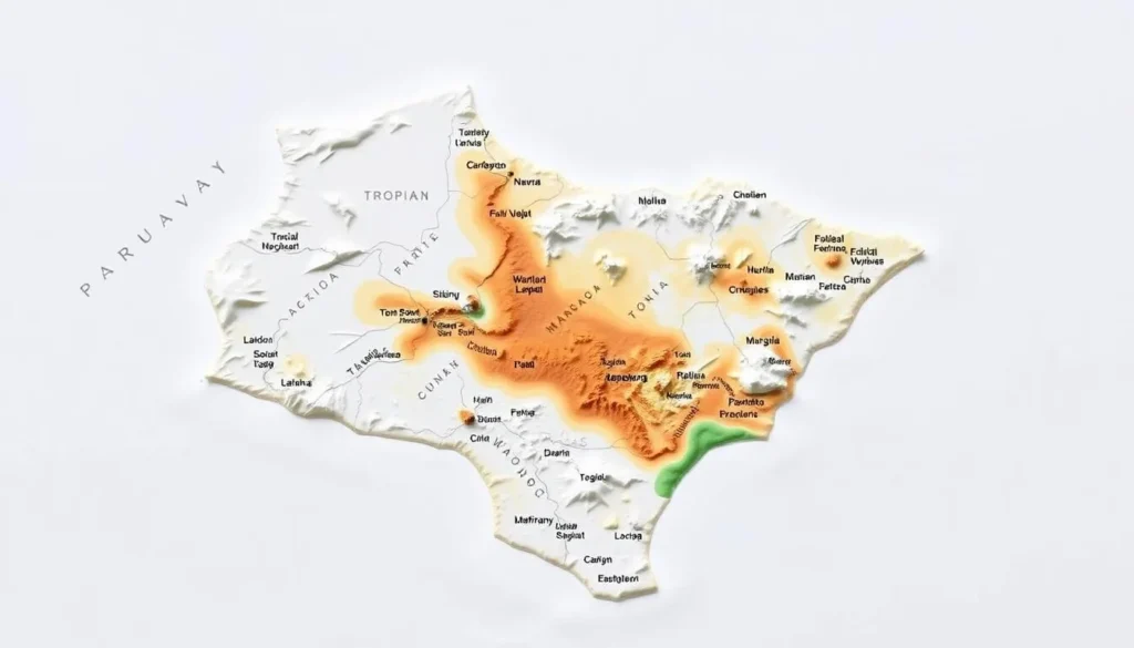 A detailed geographic map of Paraguay, showcasing its diverse climate regions. The map should have a clean, modern aesthetic, with clear delineation of the different climate zones, such as tropical, subtropical, and temperate areas. Depict the map with a muted color palette, allowing the nuances of the climate patterns to stand out. Render the landforms and topography with precision, highlighting key features that influence the country's weather patterns. Illuminate the map with soft, natural lighting, creating a serene and informative visual. Compose the image from a slightly elevated perspective, giving a comprehensive overview of the country's climate landscape.