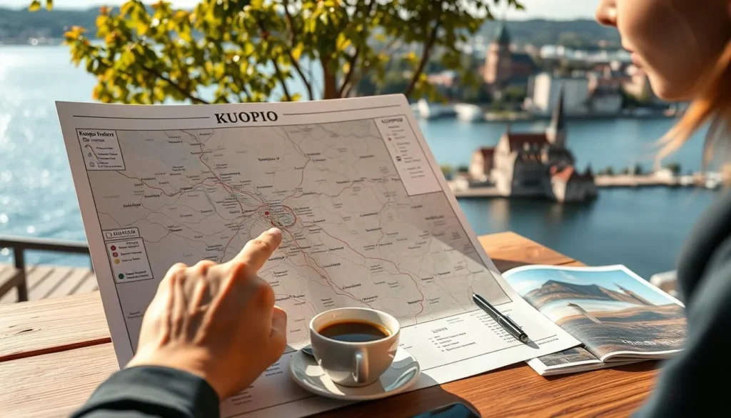 A detailed itinerary planning map of Kuopio, Finland, on a warm and sunny day. In the foreground, a person points to various points of interest on the map, with a focused and engaged expression. In the middle ground, a wooden table with a cup of coffee, a pen, and travel guides, creating a cozy and contemplative atmosphere. In the background, a panoramic view of Kuopio's lakeside cityscape, with its iconic cathedral and serene water reflecting the clear blue sky. Warm lighting illuminates the scene, conveying a sense of inspiration and excitement for the upcoming adventure.