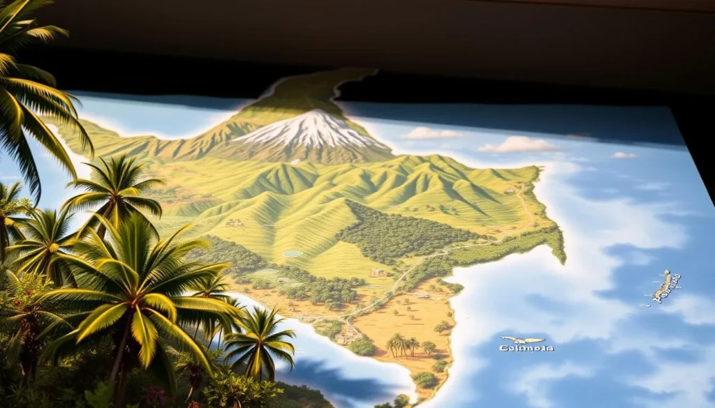 A detailed map of Colombia's diverse climate zones, showcasing the country's remarkable environmental diversity. In the foreground, lush tropical rainforests with towering palm trees and vibrant flora. In the middle ground, undulating Andean peaks capped with snow, their slopes dotted with verdant meadows and alpine lakes. In the background, the Caribbean and Pacific coastlines, their azure waters lapping against pristine beaches. The scene is illuminated by warm, natural lighting, captured with a wide-angle lens to provide a comprehensive overview. The overall mood is one of wonder and appreciation for Colombia's remarkable geographic and climatic tapestry.