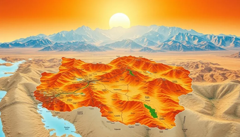 A detailed map of Sistan Baluchestan province, showcasing the region's diverse geography. Set against a bright, sun-drenched sky, the map presents the province's mountainous terrain, valleys, and expansive deserts in vivid detail. The foreground features the major cities and towns, while the middle ground depicts the intricate network of roads and waterways. In the background, the dramatic Makran mountain range rises, creating a stunning natural backdrop. The image conveys a sense of openness, inviting the viewer to explore the province's unique landscapes and rich cultural heritage.