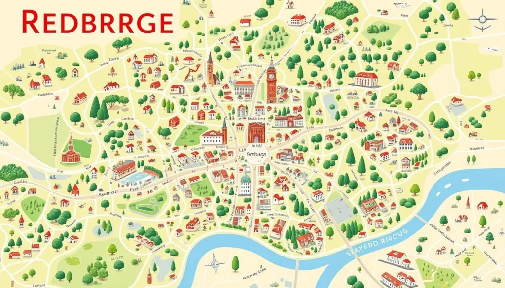 A detailed map of the London Borough of Redbridge, showcasing its charming neighborhoods, parks, and landmarks. Render the map in a warm, inviting color palette, with clean lines and crisp details. Depict the area's lush greenery, winding streets, and key attractions in a stylized, yet accurate manner. Capture the vibrant energy and hidden gems that make Redbridge a delightful discovery for visitors. The map should have a visually engaging layout, inviting the viewer to explore this captivating corner of London on a pleasant, sunny day.