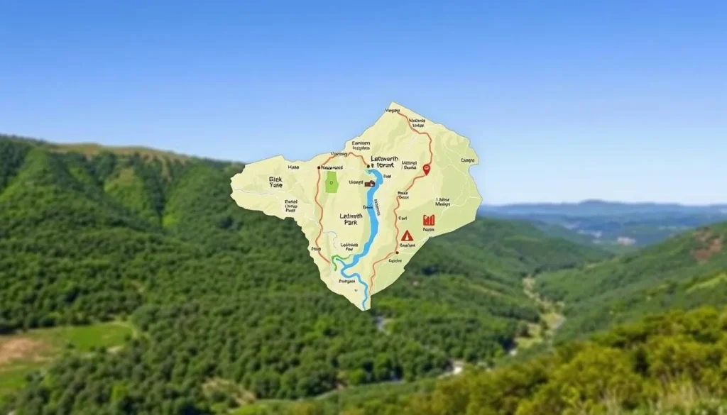 A detailed topographic map of Letchworth State Park, New York, set against a backdrop of lush, rolling hills and a clear, blue sky. The map showcases the park's key landmarks, including the three major waterfalls, hiking trails, campgrounds, and visitor centers, all rendered in a clean, modern cartographic style. The composition features a balance of natural and man-made elements, with the map taking center stage and the surrounding landscape providing context and depth. The overall mood is one of adventure and exploration, inviting the viewer to plan their visit to this stunning natural wonder.