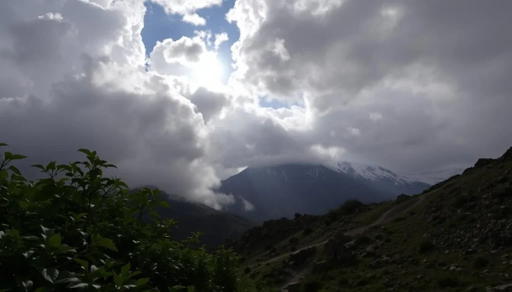 A dramatic Andean landscape, the sun peeking through towering storm clouds. In the foreground, lush, verdant foliage sways in a gentle breeze. The middle ground features a rugged mountain trail, winding through rocky outcroppings. In the distance, snow-capped peaks pierce the horizon, their slopes shrouded in mist. Dramatic light and shadow play across the scene, conveying the changeable, unpredictable nature of Peruvian weather. The overall mood is one of awe-inspiring natural beauty, tempered by a sense of the region's weather challenges.