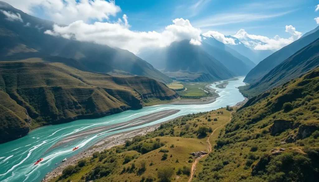 A dramatic aerial view of the winding Urubamba River snaking through the lush, verdant Andean valley. Towering snow-capped peaks rise in the background, casting long shadows across the rugged terrain. In the foreground, a group of adventurous kayakers navigate the rapids, their vibrant red and yellow boats cutting through the turquoise waters. Diffused natural light filters through wispy clouds, creating a serene, atmospheric ambiance. The scene conveys a sense of exhilaration, with the river offering an epic adventure playground for thrill-seeking explorers.