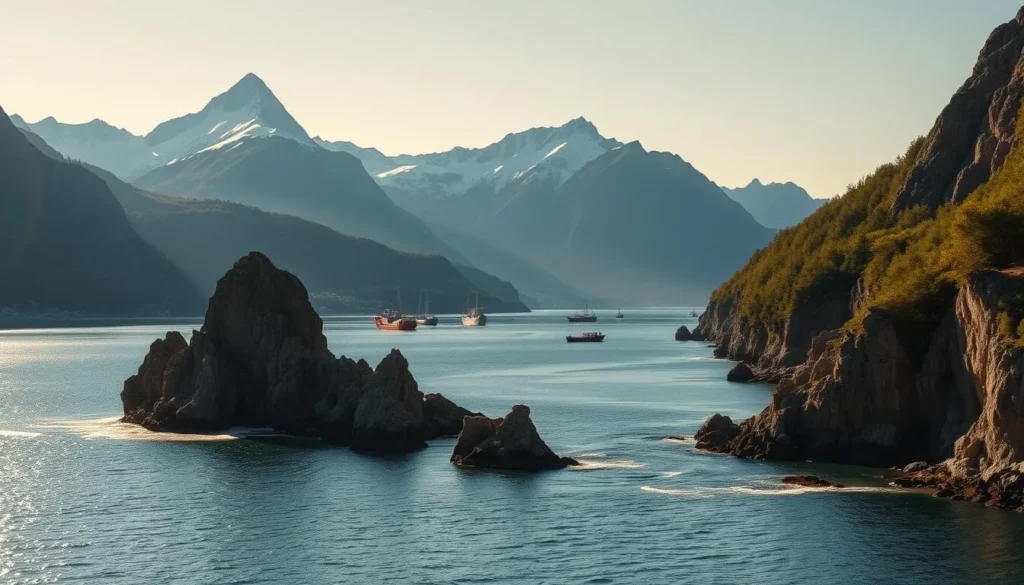 A dramatic coastal landscape along the northern shores of Norway, bathed in soft, golden light. In the foreground, jagged cliffs and rocky promontories jut out into the gently lapping waves of a pristine fjord. Majestic mountains rise in the middle ground, their snow-capped peaks piercing the clear blue sky. Lush, verdant forests cling to the slopes, interspersed with sparkling glacial streams. In the distance, a fleet of traditional Norwegian fishing boats dot the calm waters, their vibrant colors reflecting the beauty of the natural surroundings. The overall scene conveys a sense of serene tranquility and awe-inspiring grandeur, inviting the viewer to explore the outdoor adventures and natural wonders of this stunning region.