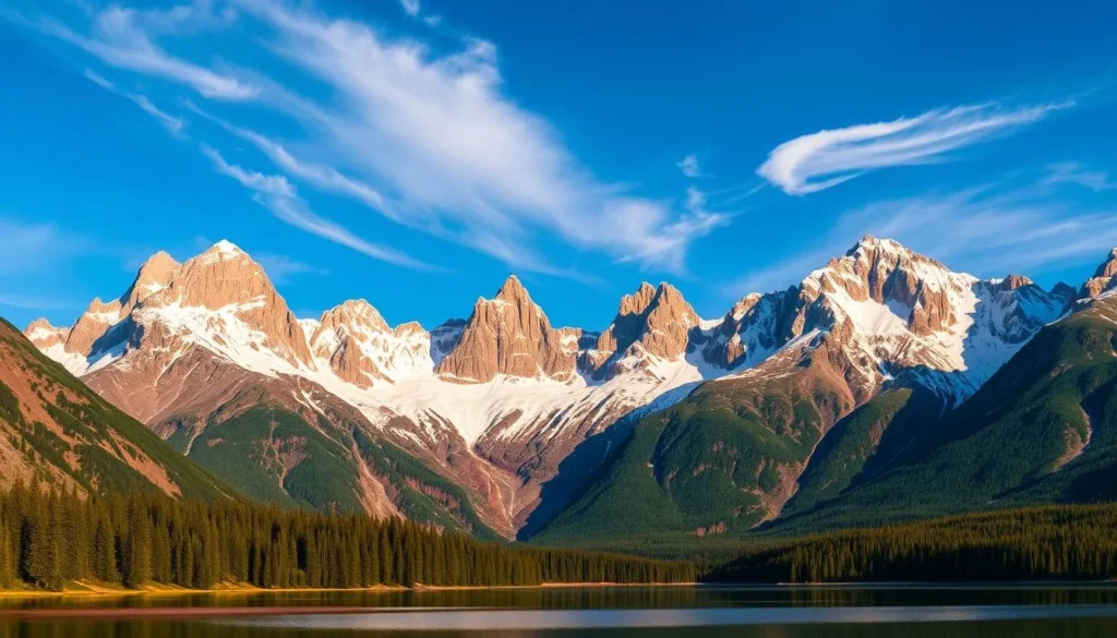 A dramatic panorama of the towering, snow-capped peaks of Trollheimen mountain range in Norway, illuminated by warm, golden sunlight. Rugged, jagged ridges rise majestically against a clear, azure sky, with wispy clouds drifting overhead. In the foreground, a tranquil alpine lake reflects the majestic mountains, creating a serene and picturesque scene. The landscape is dotted with lush, verdant pine forests, adding depth and texture to the composition. Capture the grandeur and natural beauty of this stunning Norwegian wilderness in high resolution, using a wide-angle lens to convey the vastness of the terrain.