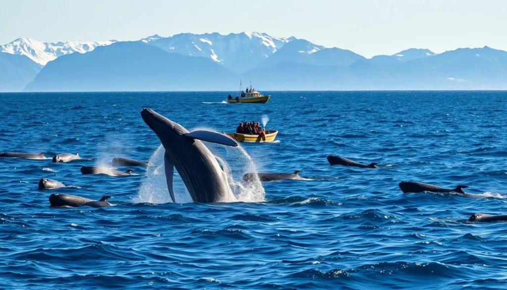 A dramatic seascape in the Vesteralen archipelago, Norway. In the foreground, a sleek, agile whale breaches the cobalt blue waters, its massive body momentarily suspended in the air before crashing back down, sending up a towering plume of spray. Surrounding it, smaller pods of whales surface and dive, their breath visible as they exhale. In the middle ground, a small wooden boat with a group of awestruck whale watchers, their cameras raised to capture the incredible sight. The distant mountains of Vesteralen rise up on the horizon, their jagged peaks capped with pristine snow. Bright, natural light bathes the scene, casting warm shadows and highlights across the undulating waves. An unforgettable marine adventure in a stunning, unspoiled natural setting.