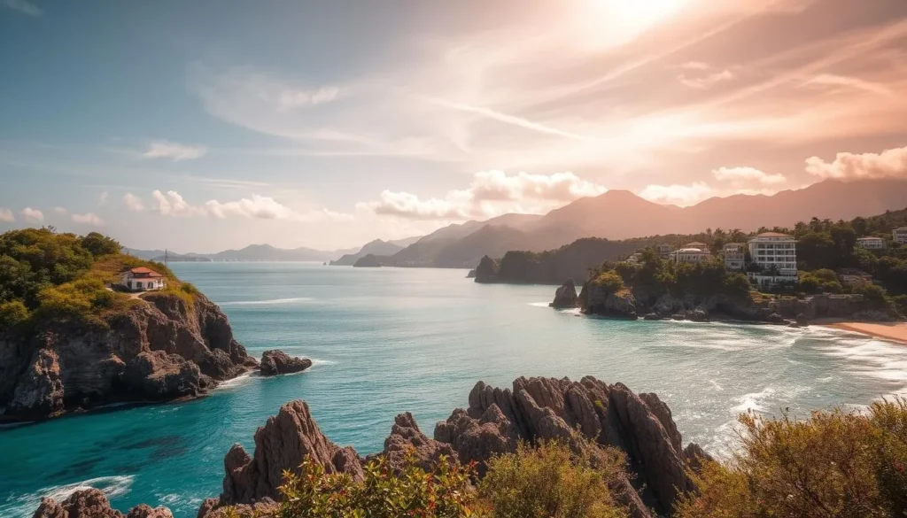 A dramatic seaside landscape along the coast of La Guaira, Venezuela. In the foreground, a sweeping vista of rugged cliffs and pristine beaches, lapped by the turquoise Caribbean waters. The middle ground features lush tropical foliage cascading down the hillsides, contrasting with the weathered whitewashed buildings perched atop the promontories. In the distance, the majestic silhouettes of the Cordillera de la Costa mountain range frame the scene, bathed in warm golden sunlight filtering through wispy clouds. An inviting, tranquil atmosphere evokes the essence of this picturesque coastal gem.