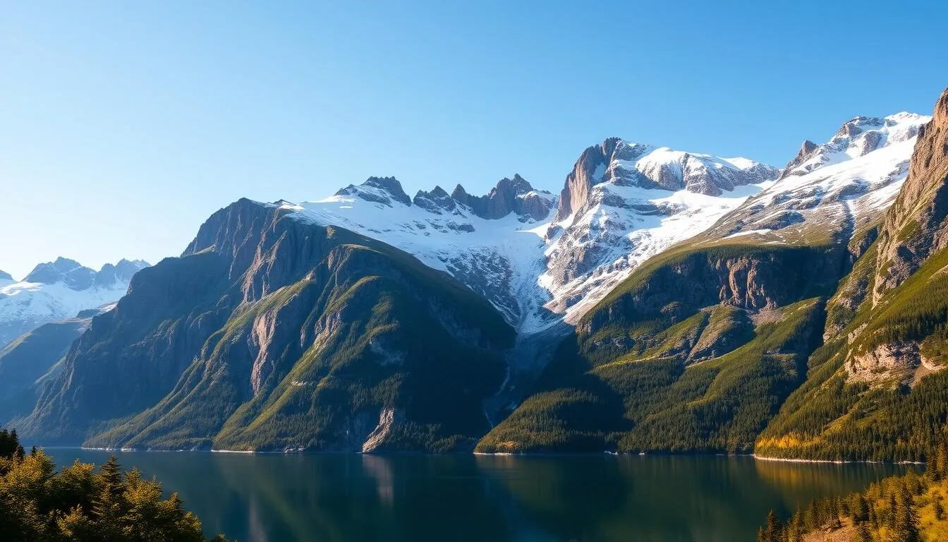 A dramatic, snow-capped mountain range rises majestically against a clear, azure sky. Rugged, jagged peaks tower over a tranquil fjord, its waters reflecting the towering cliffs. Lush, verdant forests cling to the slopes, creating a harmonious contrast with the stark, icy summits. Warm, golden sunlight bathes the scene, casting long shadows and highlighting the intricate textures of the rock formations. A wide-angle lens captures the grand, awe-inspiring scale of this breathtaking Norwegian landscape, conveying a sense of serene, untamed wilderness.