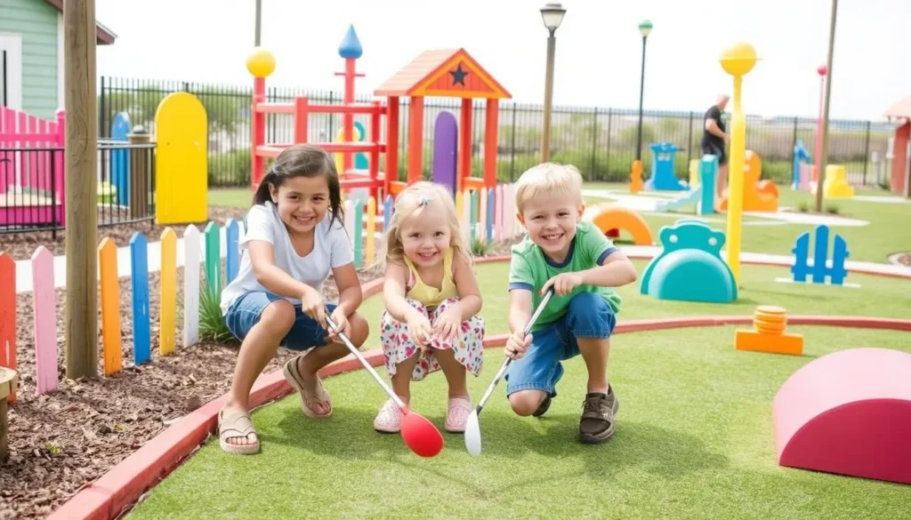 A family enjoying a game of mini golf at a course in Bethany Beach with colorful obstacles.