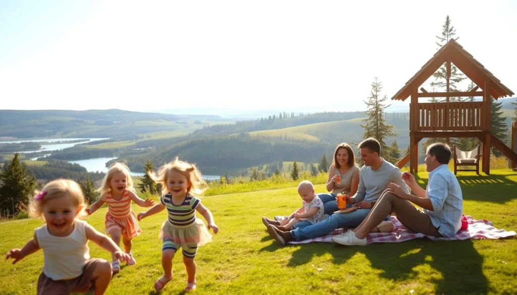 A family enjoying a sunny day in Devon, Alberta. In the foreground, children play on a well-equipped playground, their laughter filling the air. In the middle ground, parents relax on picnic blankets, sharing a meal and watching over their little ones. The background showcases the rolling hills and lush greenery that characterize the region, with a hint of a nearby lake reflecting the azure sky. The scene is bathed in warm, golden light, creating a cozy, inviting atmosphere. A perfect day for outdoor activities and quality time together.