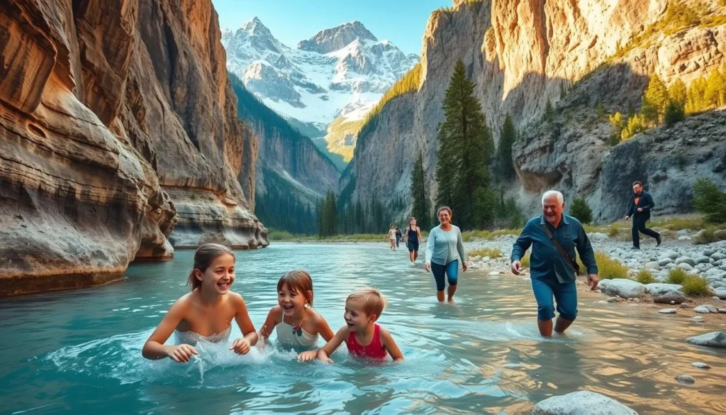 A family exploring the breathtaking Maligne Canyon in Jasper National Park, Alberta. In the foreground, children splash in the crystal-clear turquoise waters, their laughter echoing off the towering limestone walls. In the middle ground, parents and grandparents stroll along the well-maintained trails, taking in the impressive geological formations and wildlife. In the background, the rugged, snow-capped peaks of the Canadian Rockies provide a majestic backdrop, bathed in warm, golden sunlight. The scene conveys a sense of adventure, natural wonder, and quality time spent together as a family, set against the awe-inspiring beauty of Maligne Canyon.