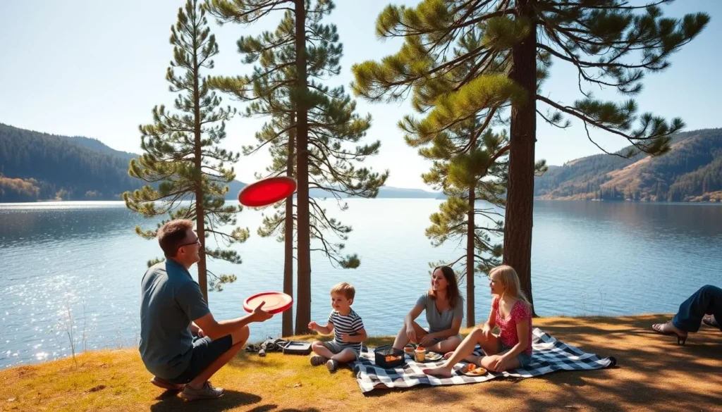A family of four enjoys a sunny day at the serene shores of Lake Vaddo, Sweden. In the foreground, a father and son toss a frisbee, their laughter echoing across the calm waters. The mother and daughter sit on a checkered picnic blanket, savoring a homemade lunch and taking in the breathtaking scenery. Towering pine trees frame the middle ground, their verdant boughs swaying gently in the light breeze. In the background, the lake's glimmering surface reflects the surrounding hills and the clear, azure sky above, creating a tranquil and picturesque landscape. The warm, golden lighting bathes the entire scene, evoking a sense of contentment and family bonding.