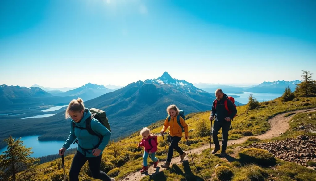 A family of four hiking along a winding trail in the majestic Vinnufjellet Mountains of Sweden. The sun casts a warm glow, illuminating the lush, verdant landscape. In the foreground, the parents and their two children, clad in outdoor gear, navigate the rugged terrain, their faces filled with a sense of adventure and wonder. Towering peaks rise in the middle ground, their snow-capped summits reaching towards the clear, azure sky. In the distance, a tranquil lake reflects the surrounding mountains, creating a serene and picturesque scene. The mood is one of peaceful exploration, with the family immersed in the natural beauty of this stunning outdoor destination.