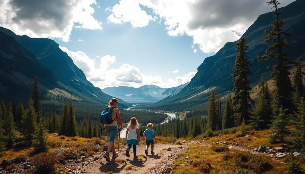 A family of four hiking through the picturesque Pieljekaise National Park in Sweden. In the foreground, a mother and father lead the way, guiding their young children along a winding, well-trodden trail. The middle ground showcases the stunning natural landscape, with towering peaks, lush forests, and crystal-clear streams. The background is filled with a vibrant blue sky, dotted with fluffy white clouds. The lighting is soft and natural, creating a warm, inviting atmosphere. The scene conveys a sense of adventure, exploration, and quality family time spent in the great outdoors.