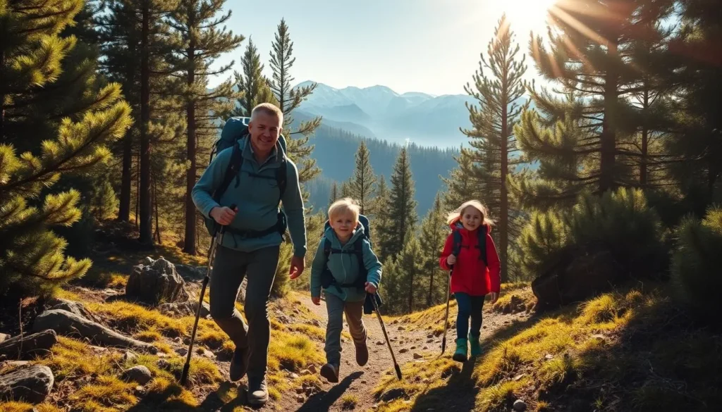 A family of four - two parents, a young boy, and a girl - hiking through the rugged, pine-forested terrain of Hurrungane, Norway on a bright, sun-dappled day. The parents lead the way, their children following close behind, all dressed in sturdy hiking gear. The distant, snow-capped peaks of the Hurrungane mountains loom in the background, casting long shadows across the lush, verdant landscape. Sunlight filters through the canopy of trees, creating a warm, ethereal atmosphere. The family's expressions are filled with wonder and excitement as they navigate the winding trail, immersed in the beauty of the Norwegian wilderness.