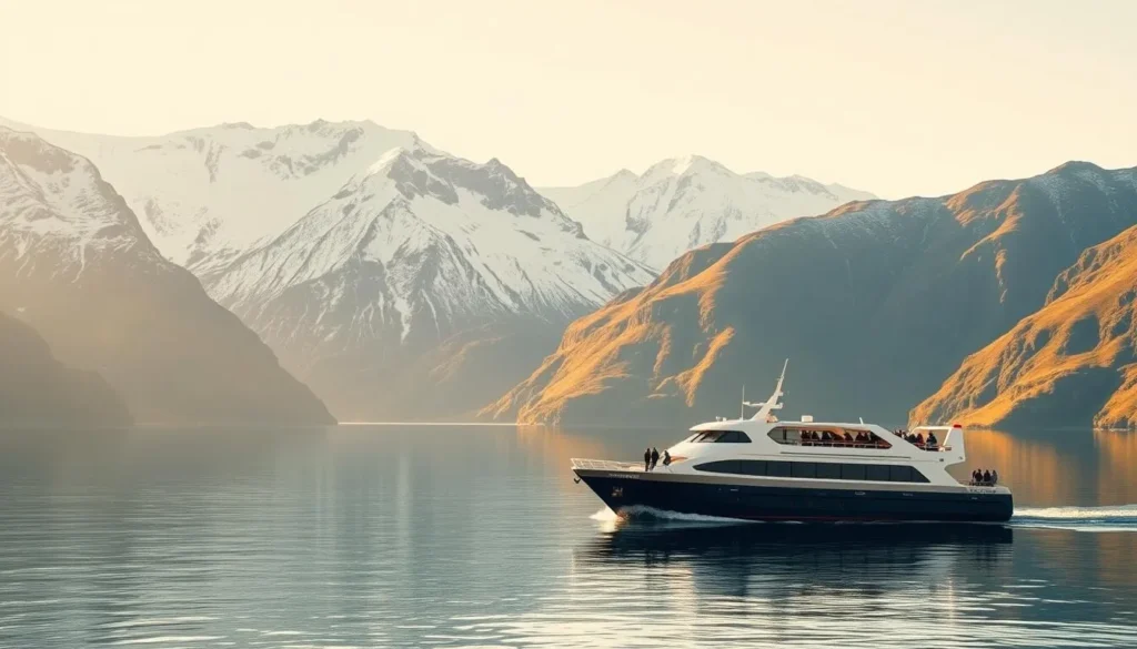 A fjord ferry cruising across the tranquil waters of Tysfjorden, surrounded by the majestic snow-capped peaks of the Tysfjorden Mountains. The ferry's sleek, modern design glides effortlessly, its passengers gazing in awe at the breathtaking landscape. Crisp, clear skies illuminate the scene, casting a warm, golden glow over the rugged terrain. The fjord's mirror-like surface reflects the towering cliffs and verdant slopes, creating a harmonious fusion of land and water. This picturesque moment encapsulates the essence of the Tysfjorden region, a serene and awe-inspiring destination for adventurous travelers.