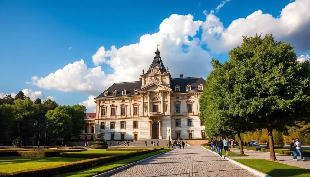 A grand 18th-century baroque palace with intricate facade details, set against a clear blue sky with fluffy white clouds. Lush green trees and manicured gardens frame the historic landmark in the foreground. The warm sunlight casts gentle shadows, highlighting the ornate architectural elements. People stroll along the cobblestone pathways, admiring the grand and imposing presence of this iconic Teplice landmark. The scene conveys a sense of timeless elegance and the rich cultural heritage of this Bohemian town.