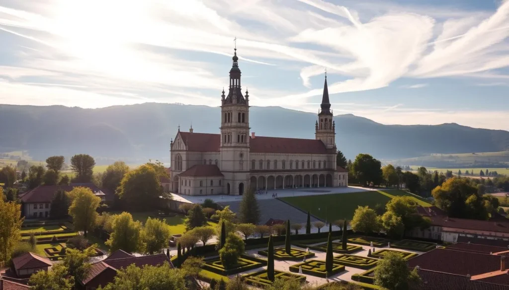 A grand Augustinian monastery set against a picturesque Bohemian landscape, bathed in warm afternoon sunlight. The stately facade of the church rises majestically, its ornate architecture and towering spires commanding attention. Lush gardens and tranquil courtyards surround the complex, inviting visitors to explore its serene cloisters and hidden corners. Soft shadows cast by the angled sun lend depth and texture to the scene, while wispy clouds drift overhead, completing the idyllic pastoral mood. This image captures the historical significance and architectural splendor of the Augustinian monastery, a true gem of Trebon's cultural heritage.