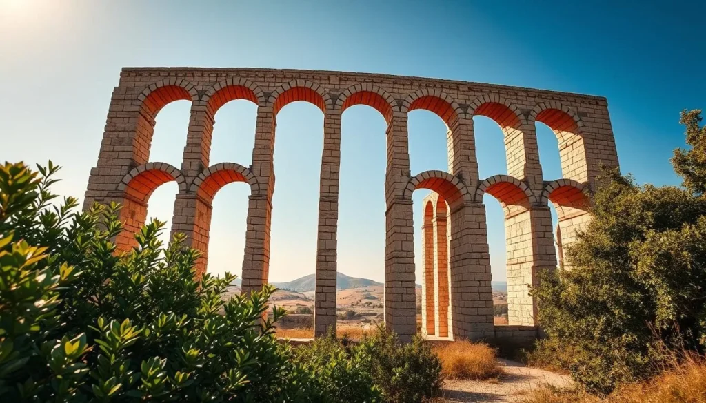 A grand Roman aqueduct arches gracefully across a sun-dappled landscape, its sturdy stone blocks and majestic scale commanding attention. In the foreground, lush vegetation frames the scene, adding a verdant contrast to the weathered masonry. The middle ground features the aqueduct's intricate arches, their precise engineering and timeless design inviting closer inspection. In the distance, rolling hills and a clear blue sky create a picturesque backdrop, heightening the awe-inspiring presence of this ancient architectural marvel. Warm, golden lighting bathes the entire scene, evoking a sense of timelessness and the grandeur of a bygone era. Captured through a wide-angle lens, this image conveys the majesty and historical significance of the Roman aqueduct in Caesarea, Israel.