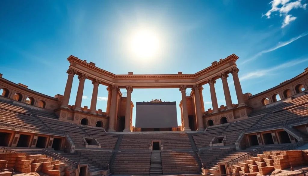 A grand Roman theater stands majestically against a backdrop of azure sky and sun-kissed stone. Elegant columns and ornate arches frame the central stage, inviting visitors to imagine the performances of ancient times. The tiered seating cascades down, creating a sense of grandeur and scale. Warm, golden light bathes the scene, casting subtle shadows and highlighting the intricate architectural details. The overall atmosphere evokes a sense of timeless wonder and the rich cultural heritage of this historic site.