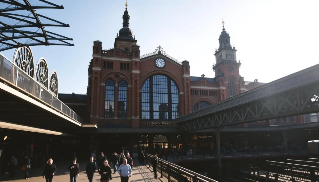 A grand Victorian train station, London Bridge, stands majestically against a crisp, clear sky. The striking facade, adorned with intricate brickwork and ornate arched windows, casts long shadows across the bustling concourse below. Passengers hurry along the platforms, their silhouettes framed by the station's towering iron-and-glass canopies. Sunlight filters through the expansive windows, illuminating the ornate wrought-iron details and the stately clock tower that anchors the structure. The atmosphere is one of bustling activity, history, and timeless elegance, capturing the essence of Southwark's historic riverside district.