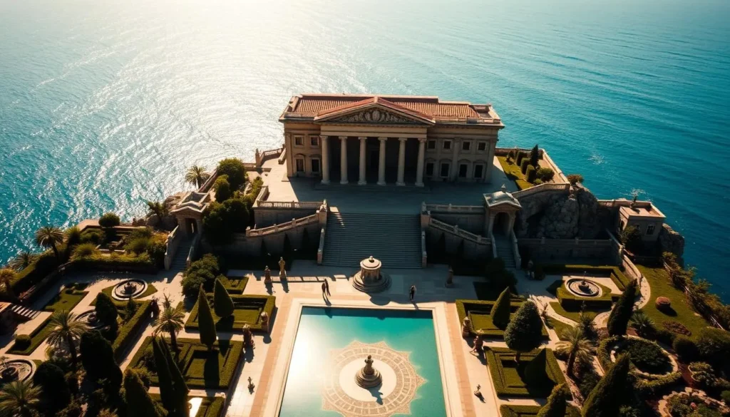 A grand, ancient Promontory Palace perched atop a rugged clifftop, overlooking the sparkling azure Mediterranean Sea. Towering columns and ornate stone facades cast dramatic shadows in the warm, golden sunlight. Lush, verdant gardens and courtyards surround the majestic structure, with ornamental fountains and intricate mosaic pathways. In the foreground, a tranquil reflecting pool mirrors the palace's impressive architecture. The scene exudes an air of timeless elegance and grandeur, capturing the essence of this remarkable historical site.