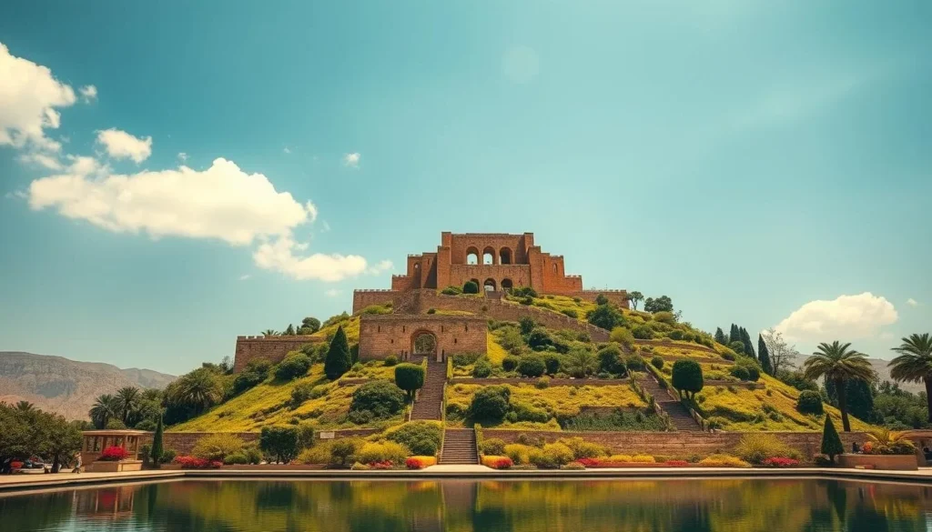 A grand, ancient citadel atop a lush, verdant hill, the Hanging Gardens of Babylon rise majestically against a cloudless azure sky. Towering stone walls and ornate archways frame the stunning vista, while cascading greenery and vibrant flora spill over the terraced levels, creating a verdant oasis. Warm, golden sunlight bathes the scene, casting long shadows and highlighting the intricate architectural details. In the foreground, a tranquil reflecting pool mirrors the breathtaking landscape, inviting visitors to pause and admire the timeless splendor of this historic wonder.