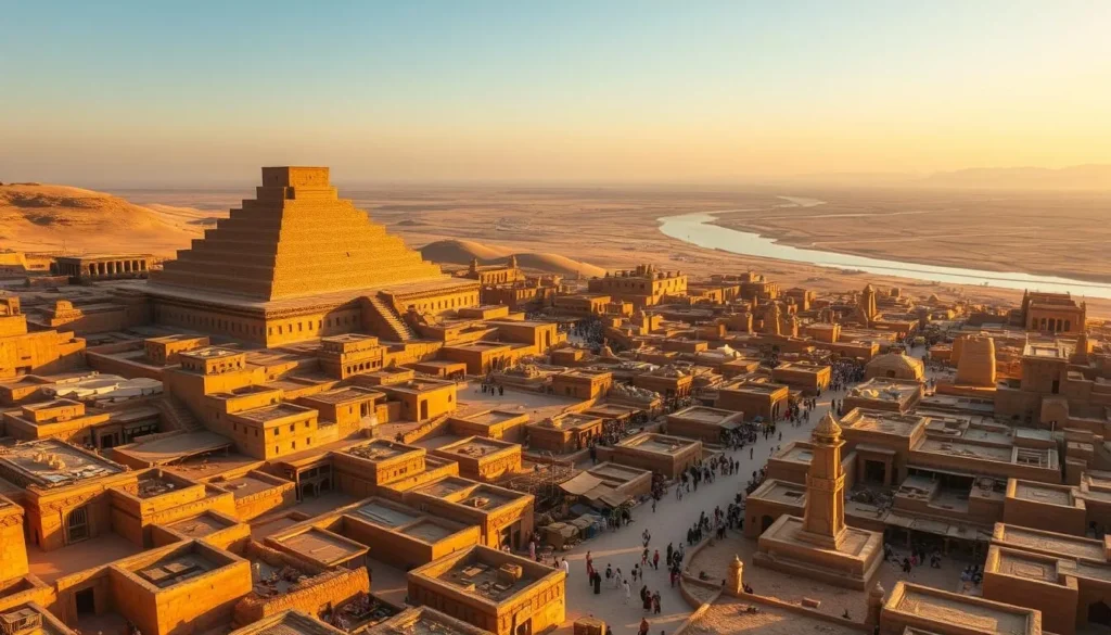 A grand ancient city of Ur, nestled in the Mesopotamian plains, its majestic ziggurat and towering temples bathed in the warm glow of the afternoon sun. Intricate mud-brick architecture lines the bustling streets, where merchants hawk their wares and locals go about their daily lives. In the distance, the mighty Euphrates River winds through the landscape, its waters reflecting the vibrant colors of the city. The scene exudes an air of timeless wonder, inviting the viewer to step back in time and immerse themselves in the rich history and culture of this remarkable archaeological site. A grand ancient city of Ur, nestled in the Mesopotamian plains, its majestic ziggurat and towering temples bathed in the warm glow of the afternoon sun. Intricate mud-brick architecture lines the bustling streets, where merchants hawk their wares and locals go about their daily lives. In the distance, the mighty Euphrates River winds through the landscape, its waters reflecting the vibrant colors of the city. The scene exudes an air of timeless wonder, inviting the viewer to step back in time and immerse themselves in the rich history and culture of this remarkable archaeological site.