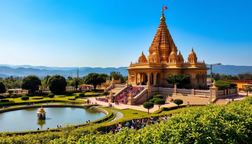 A grand and majestic Bodh Gaya Temple stands tall, its golden spires gleaming in the warm sunlight. The ornate architecture, with intricate carvings and intricate detailing, commands attention. In the foreground, lush greenery and serene ponds surround the temple, creating a tranquil and peaceful atmosphere. The middle ground features devotees and pilgrims engaged in meditation and prayer, their faces radiating a sense of spiritual connection. In the background, the rolling hills and clear blue sky provide a stunning natural backdrop, enhancing the temple's sacred and awe-inspiring presence. Capture the essence of this revered site, showcasing its spiritual significance and the harmony between the built and natural environments.