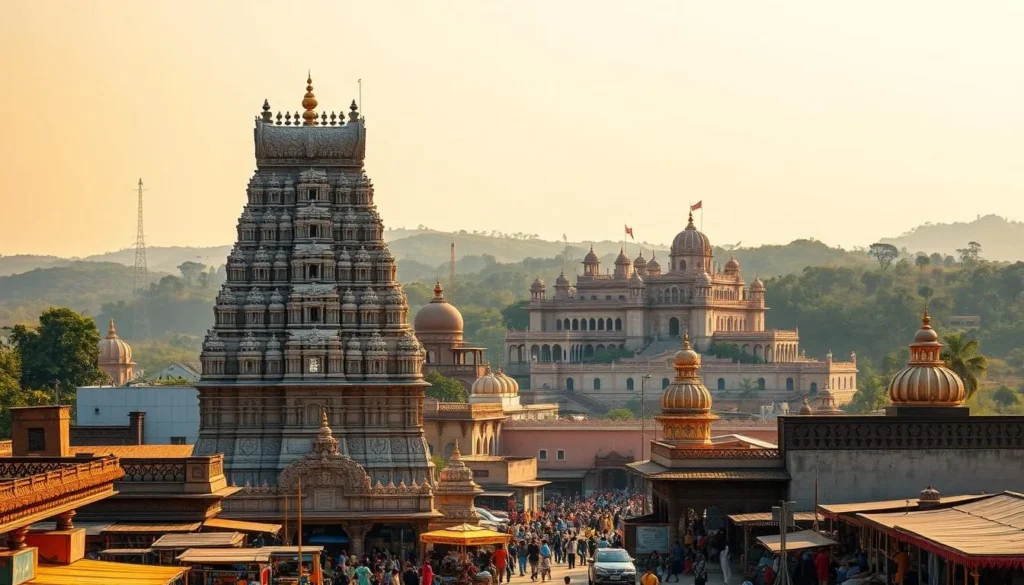 A grand and majestic marble temple stands tall, its intricate carvings and ornate architecture a testament to Kolhapur's rich cultural heritage. In the foreground, a bustling market teems with vibrant colors and the lively chatter of locals, showcasing the city's vibrant spirit. The middle ground reveals a historic palace, its ornate facades and domes reflecting the region's regal past. In the background, rolling hills and lush greenery provide a serene backdrop, creating a harmonious blend of natural and man-made wonders. Warm, golden sunlight bathes the scene, imbuing it with a sense of timelessness and grandeur. This is Kolhapur, a cultural gem that captivates the senses and immerses visitors in the timeless traditions of Maharashtra.
