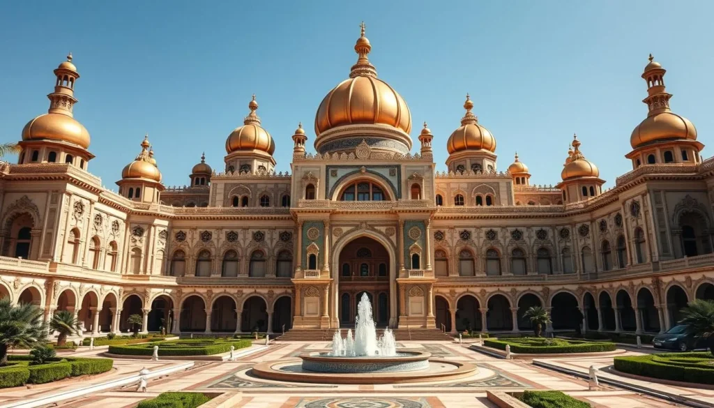 A grand and opulent palace set against a clear azure sky, its towering domes and minarets reflecting the warm light of the sun. Ornate arched entryways lead into sprawling courtyards, where lush greenery and sparkling fountains create an oasis of tranquility. The intricate facades are adorned with intricate carvings and gleaming tile work, while elegant columns support the majestic structure. Capture the grandeur and lavishness of Saddam Hussein's former seat of power, a testament to his ambition and excess, on a picturesque day when the palace stands in all its resplendent glory.
