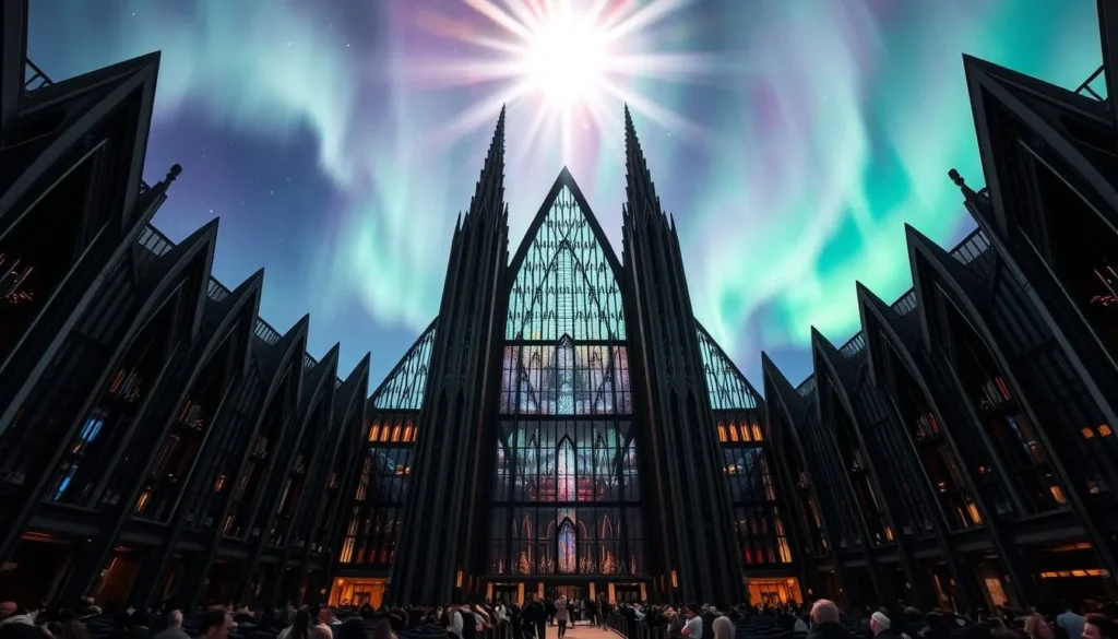 A grand cathedral of glass and steel, its soaring spires reaching towards the northern sky. Iridescent aurora borealis dance overhead, casting a kaleidoscopic glow upon the intricate architectural details. Sunlight filters through the expansive windows, illuminating the grand interior with a warm, ethereal light. Worshippers gather in quiet contemplation, awed by the majestic blend of modern design and natural splendor. Capture the awe-inspiring essence of this architectural wonder, set against the captivating backdrop of the northern lights.