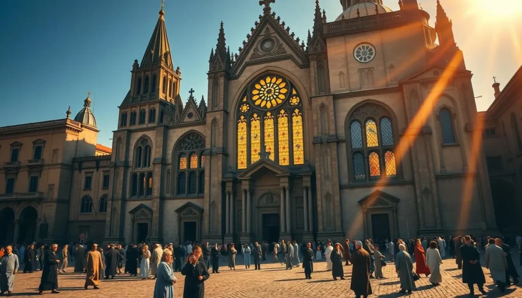 A grand cathedral with ornate spires and domes, bathed in warm, golden sunlight. Intricate stone carvings adorn the facade, casting dramatic shadows across the weathered walls. Tall, stained-glass windows glimmer, filling the interior with a kaleidoscope of colored light. In the foreground, a cobblestone plaza is dotted with worshippers and passersby, their robes and garments creating a vibrant, textured scene. A sense of timeless reverence and architectural grandeur permeates the atmosphere, transporting the viewer to a sacred, historic place of worship.
