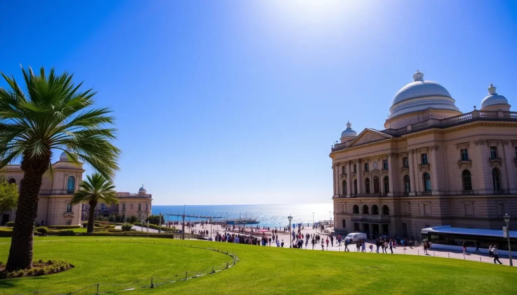 A grand, classical building with ornate facades and domed roofs stands proud against a clear blue sky. The National Maritime Museum Haifa, a stately architectural masterpiece, commands attention with its intricate details and elegant design. Sunlight streams through the building's windows, casting a warm, inviting glow. In the foreground, a manicured lawn and a few palm trees add a touch of greenery, complementing the museum's stately presence. The middle ground reveals a bustling promenade, where visitors stroll along the waterfront, taking in the stunning views of the Mediterranean Sea. In the distance, the deep blue waters of the harbor sparkle, creating a picturesque and serene atmosphere.