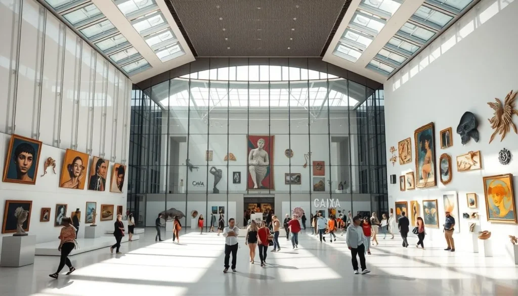 A grand contemporary art gallery with a sleek, modern exterior of glass and steel, situated in the heart of Brasilia's vibrant cultural district. Sunlight streams through the expansive windows, illuminating the spacious, minimalist interior. A diverse array of thought-provoking artworks - sculptures, paintings, installations - adorns the pristine white walls, creating an atmosphere of creative exploration. Visitors wander through the gallery, captivated by the dynamic interplay of light, space, and artistic expression. The Caixa Cultural stands as a beacon of Brazil's vibrant contemporary art scene, inviting all who enter to engage with the cutting-edge creativity within.