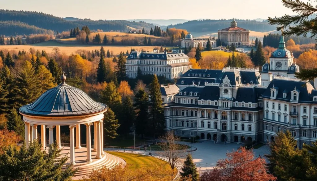 A grand, early 20th century spa town nestled in the lush Slavkov Forest, Marianske Lazne's exquisite architecture blends Neoclassical, Baroque, and Art Nouveau styles. In the serene foreground, a magnificent colonnaded pavilion stands as a testament to the town's history as a premier European health retreat. The middle ground reveals ornate spas and grand hotels adorned with intricate details, their facades bathed in warm, golden sunlight. Framing the scene, the rolling hills in the background are dotted with elegant villas and tree-lined promenades, creating a picturesque panorama of Marianske Lazne's architectural treasures.