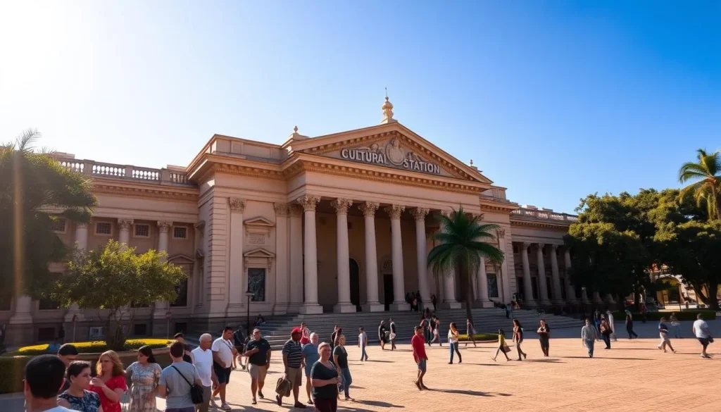 A grand, historic Cultural Station in Campinas, Brazil, bathed in warm, golden sunlight. The neoclassical facade is adorned with intricate carvings and columns, casting dramatic shadows across the plaza. In the foreground, a group of locals and tourists mingle, admiring the architecture and soaking in the vibrant atmosphere. The middle ground features lush, tropical foliage, adding a sense of lushness to the scene. In the background, a clear blue sky stretches out, completing the picturesque setting. The overall mood is one of cultural heritage, community, and a reverence for the past, perfectly capturing the essence of Campinas' historical and cultural attractions.