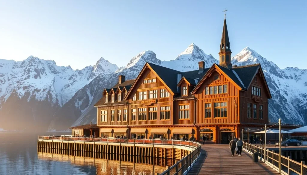 A grand, historic museum nestled amidst the majestic Lofoten Islands, its wooden facade gleaming under the soft, golden sunlight. Gabled roofs and intricate architectural details evoke the region's rich cultural heritage. Towering snow-capped peaks frame the scene, their jagged silhouettes mirrored in the still, fjord waters. Visitors stroll along the picturesque promenade, pausing to admire the museum's fine collection of traditional Norwegian artifacts, artworks, and interactive exhibits that bring the islands' storied past to life. The atmosphere is one of tranquility and wonder, inviting exploration and a deeper appreciation for this remarkable corner of Norway.