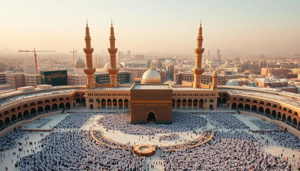 A grand, majestic view of the Masjid al-Haram, the holiest site in Islam, situated in the heart of Mecca, Saudi Arabia. The massive, ornate structure dominates the foreground, its iconic minarets and domes gleaming in the warm, golden sunlight. In the middle ground, worshippers gather in the expansive courtyard, their robed figures creating a serene, reverent atmosphere. The surrounding cityscape recedes into the background, creating a sense of tranquility and spiritual focus. The scene is captured with a wide-angle lens, emphasizing the grand scale and architectural splendor of this sacred place.