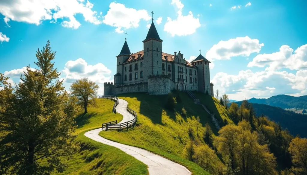 A grand medieval castle perched atop a lush, rolling hillside in the breathtaking Krivoklat Highlands of Czechia. The imposing stone structure, with its towers and turrets, stands in majestic contrast against a bright, azure sky dotted with fluffy white clouds. Sunlight filters through the trees, casting a warm, golden glow over the scene. In the foreground, a winding path leads visitors towards the castle's entrance, inviting exploration of its rich history and architectural splendor. The overall atmosphere evokes a sense of timeless beauty and tranquility, capturing the essence of the Krivoklat Highlands.