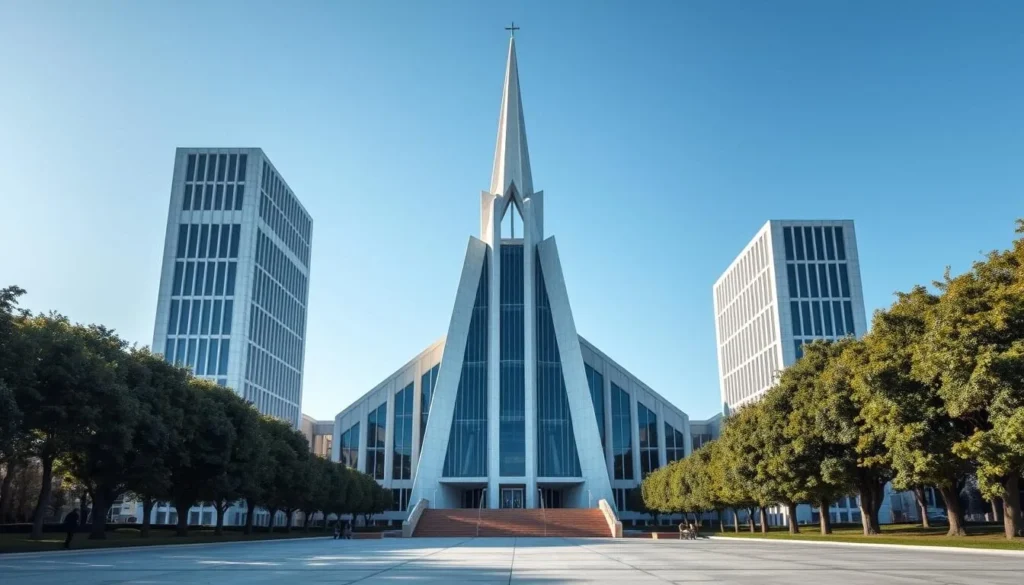 A grand modern cathedral, its facade adorned with clean lines and geometric shapes. Towering glass panels let in soft natural light, creating a serene, contemplative atmosphere. The building's angular silhouette stands in contrast to the lush greenery of the surrounding landscape, a harmonious blend of nature and architectural innovation. From the middle distance, the cathedral's spire rises elegantly, its sharp points piercing the clear blue sky. In the foreground, a tranquil plaza invites visitors to pause and admire the building's striking modernist design. The scene conveys a sense of spiritual contemplation and architectural wonder.