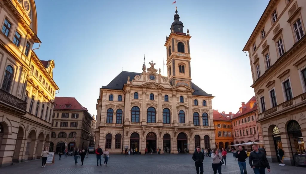 A grand, neo-Renaissance style Prostejov Town Hall standing majestically on a picturesque town square, bathed in warm, golden sunlight. The ornate facade features intricate carvings, arched windows, and a prominent clock tower. People stroll by, admiring the building's architectural elegance against a backdrop of charming, historic buildings. The scene exudes a sense of timelessness and civic pride, capturing the essence of Prostejov's architectural treasures.