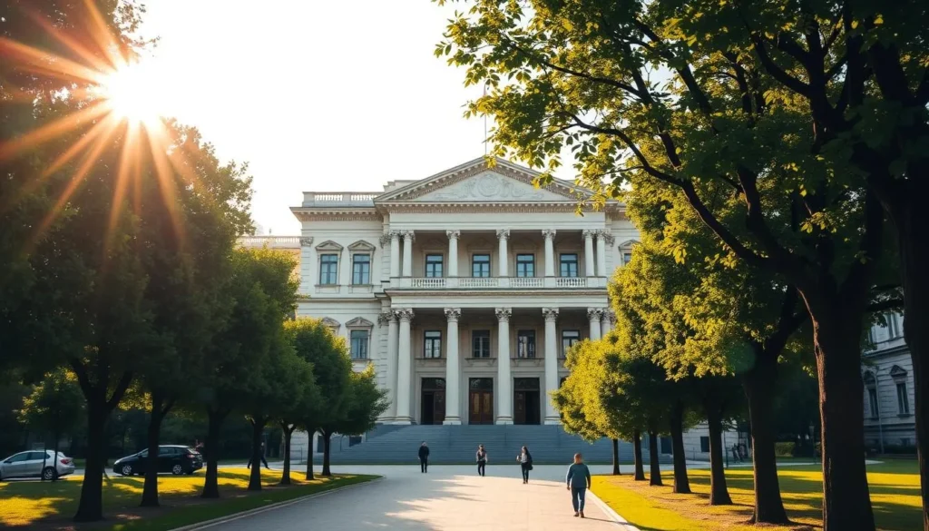 A grand neoclassical building stands proud, its stately facade adorned with intricate columns and pediments. Lush greenery frames the structure, creating a picturesque scene. The sun's warm rays bathe the scene in a soft, golden glow, casting gentle shadows across the ornate architecture. Pedestrians stroll along the tree-lined paths, adding a sense of life and activity to the serene setting. The image captures the rich cultural heritage and refined aesthetics of Druskininkai's City Museum, inviting viewers to explore its treasures and immerse themselves in the city's captivating history.