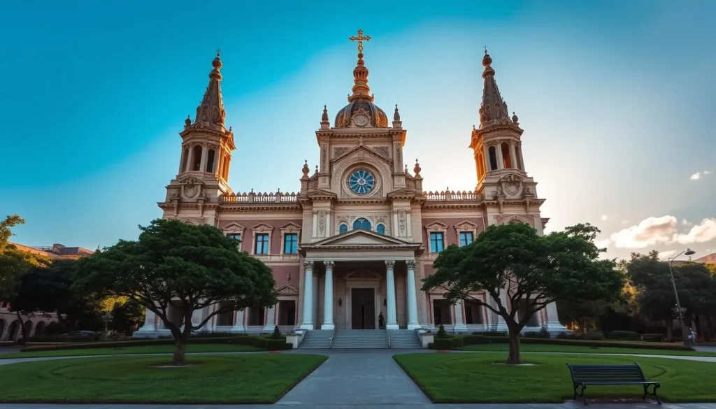 A grand, neoclassical cathedral stands majestically in the heart of Campinas, its ornate spires and columns reflecting the warm, golden light of a sun-drenched day. Intricate carvings and stained-glass windows adorn the facade, inviting visitors to step inside and marvel at the ornate, reverent interior. The lush, verdant plaza surrounding the cathedral is dotted with graceful trees and benches, providing a serene respite from the bustling city. Capture the timeless elegance and historical significance of this iconic landmark, a testament to Campinas' rich cultural heritage.