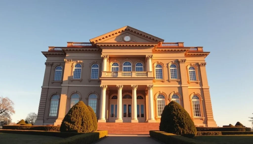 A grand neoclassical structure, the Drammens Museum, stands proud against a clear blue sky. Its imposing facade with ornate columns and grand arched windows exudes an air of sophistication. The manicured gardens in the foreground lead visitors towards the museum's grand entrance, inviting them to explore the rich history housed within. Warm, natural lighting bathes the scene, casting a welcoming glow and highlighting the museum's stately elegance. This historical gem, a true testament to Drammen's past, beckons visitors to step inside and immerse themselves in the captivating narratives of Norway's cultural heritage.