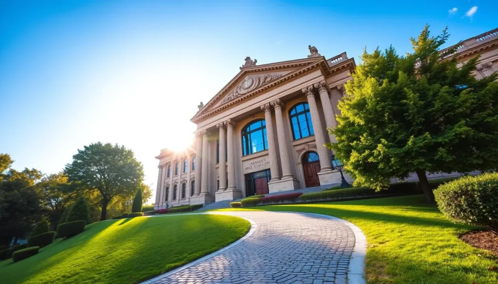A grand, neoclassical-style museum standing majestically against a clear blue sky, surrounded by lush green trees and well-manicured gardens. The Amber Gallery's ornate facade, with intricate stone carvings and towering columns, commands attention. Sunlight filters through the large windows, casting a warm glow over the elegant exterior. In the foreground, a winding cobblestone path leads visitors towards the grand entrance, inviting exploration of the cultural and historical treasures within. The scene exudes a sense of timeless grandeur, perfectly capturing the essence of Lithuania's rich heritage.