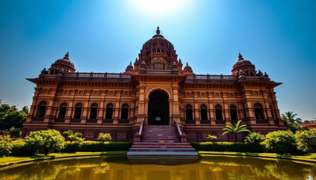 A grand, ornate Hindu temple standing tall against a clear blue sky, its intricate carvings and domed architecture reflecting the rich cultural heritage of Baranagar, West Bengal. Sunlight filters through the arched entrances, casting a warm, inviting glow upon the temple's sandstone façade. In the foreground, a tranquil pond reflects the temple's majestic silhouette, surrounded by lush, verdant gardens. This is the Rani Bhabani Temple, a testament to the legacy of a remarkable woman who played a pivotal role in shaping the region's history and spiritual landscape.