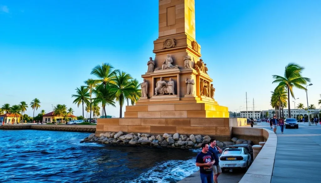 A grand stone base stands tall, its intricate details illuminated by the warm glow of the sun. Carved figures adorn the structure, their expressions serene and timeless. The tranquil waters of the harbor lap gently at the base, reflecting the azure sky above. Lush palm trees sway in the gentle breeze, adding a touch of tropical charm to the scene. Pedestrians stroll along the promenade, taking in the captivating monument that is the De Lesseps Statue Base, a testament to the region's rich history and maritime heritage.